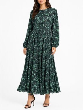 Zara Green & Black Floral “The Angel” Tiered Maxi Smock Dress Size L